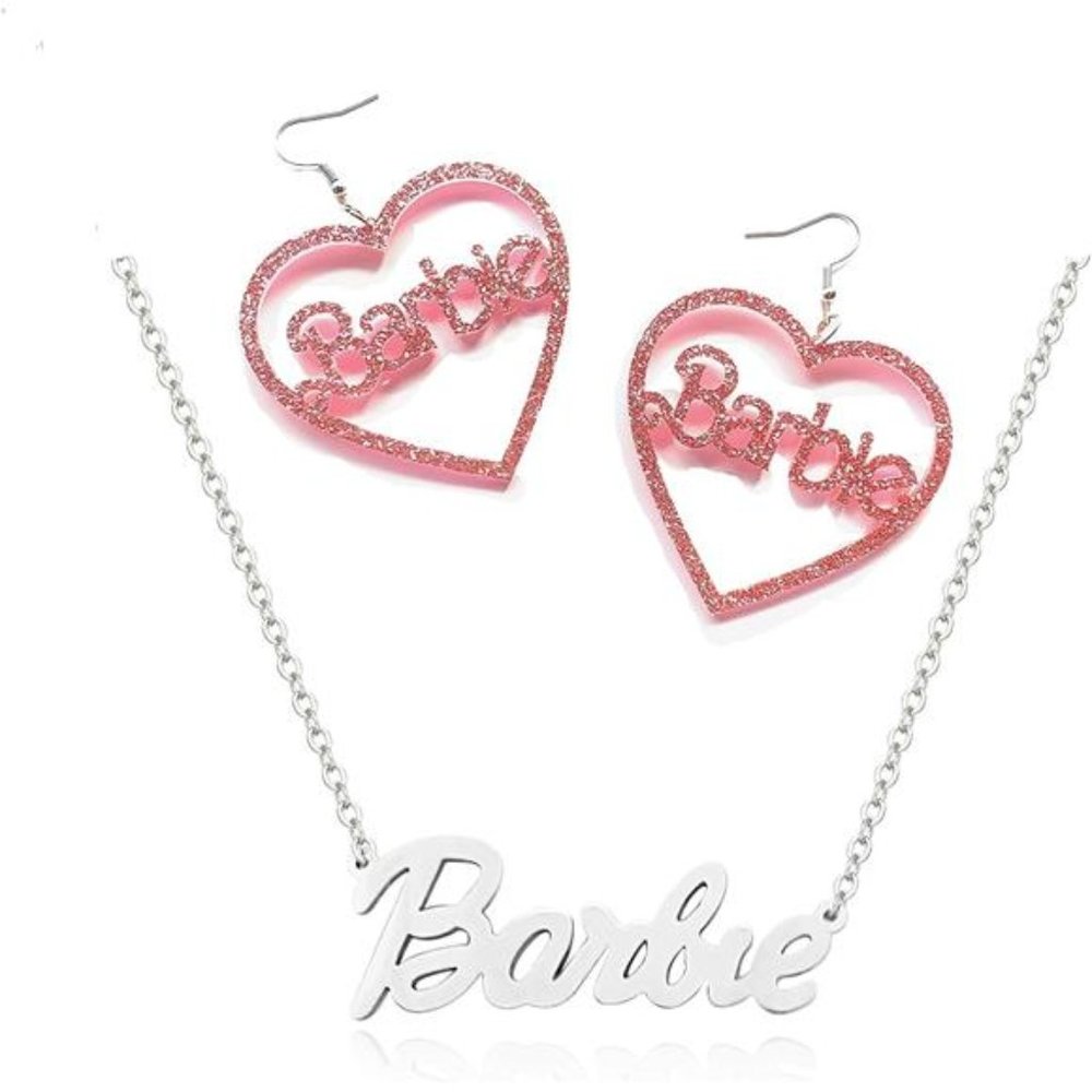 Barbie Pink Heart Dangle Earrings and Necklace, Women and Girls Jewelry Set
